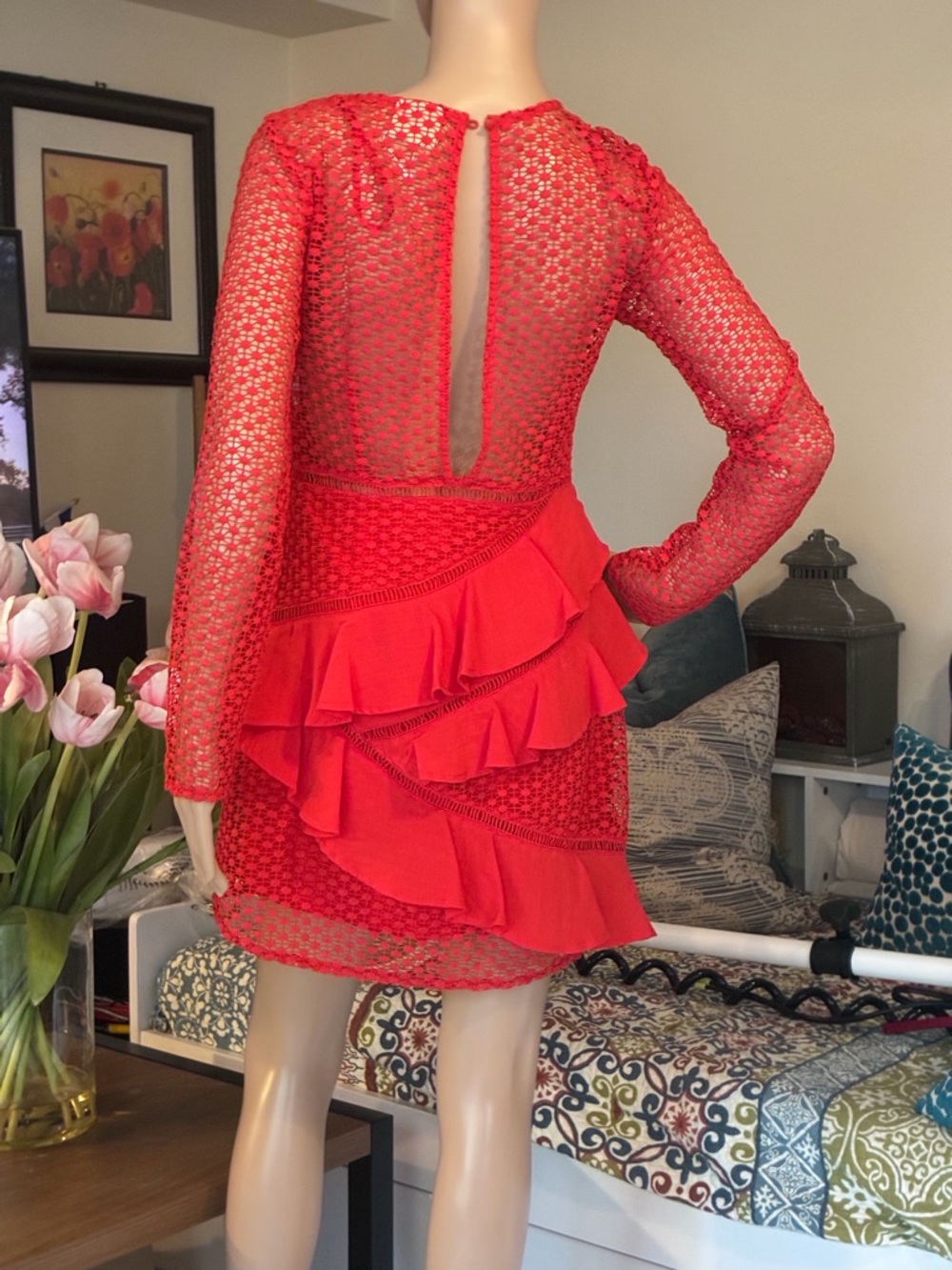 Sage + Paige Red Guipure Lace Mini Dress with Tiered Ruffles Size M - Picture 4 of 10